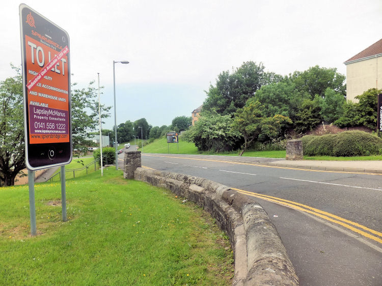 Stone gateposts at the former entrance to Thornliebank Print Works