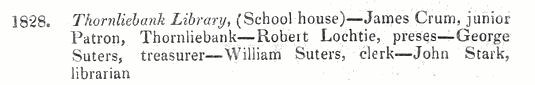 Reference to Thornliebank's earliest public library instituted in 1828