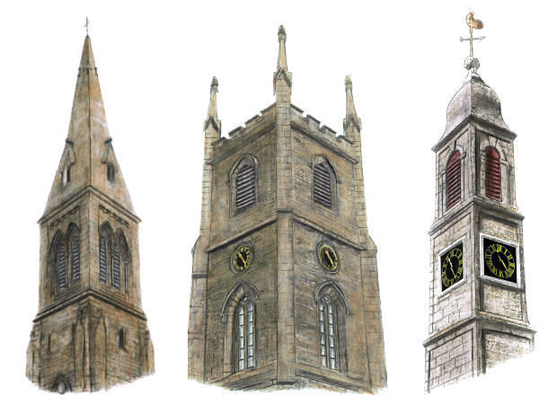 Drawing of the towers of Eastwood, Cathcart and Mearns parish churches