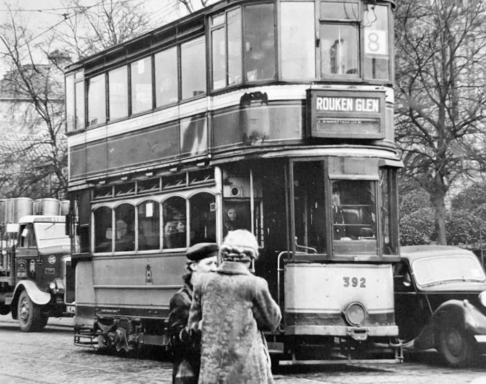 No.8 tram, bound for Rouken Glen, in Pollokshaws Road, Strathbungo, in the early 1950's