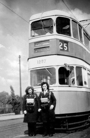 Nancy Blaikie on the left of Glasgow tram No.1297 at Rouken Glen terminus c.1950