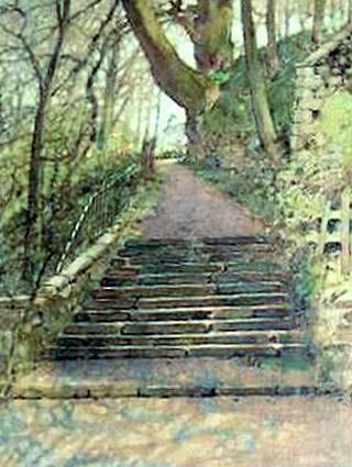Watercolour of start of Cathcart section of White Cart Walkway