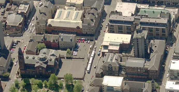 Aerial view of St Aloysius Church and Glasgow School of Art