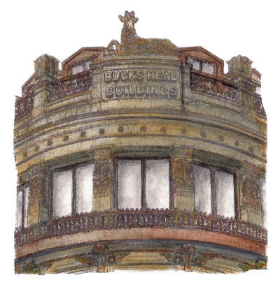 Drawing of top of Buck's Head Building, Glasgow