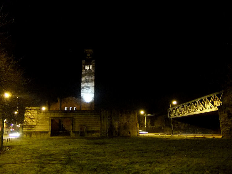Night time view of rear of Caledonia Road Church