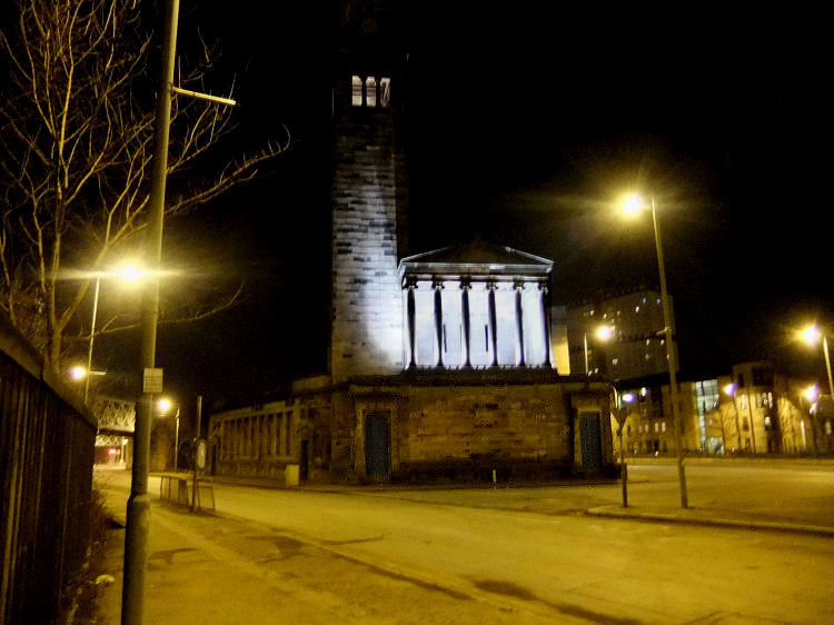 Night time view of floodlit Caledonia Road Church