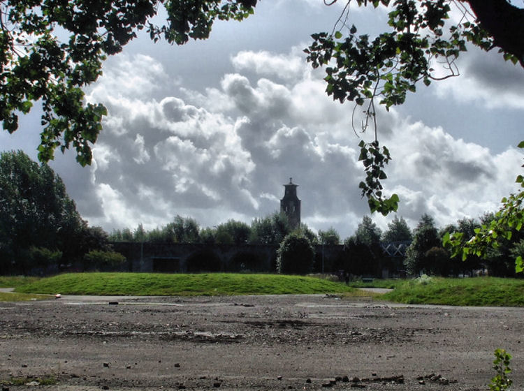 View of Caledonia Road Church from demolished streets of Gorbals