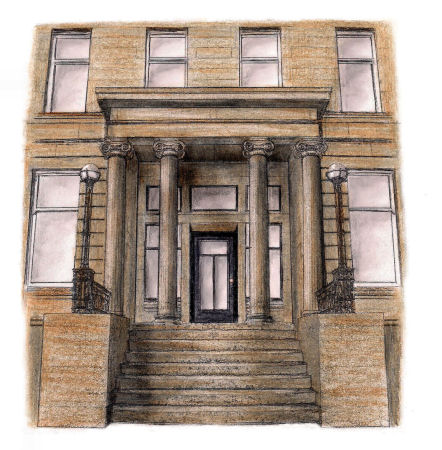 Drawing of entrance and porch at Alexander Thomson's Great Western Terrace, Glasgow by Gerald Blaikie