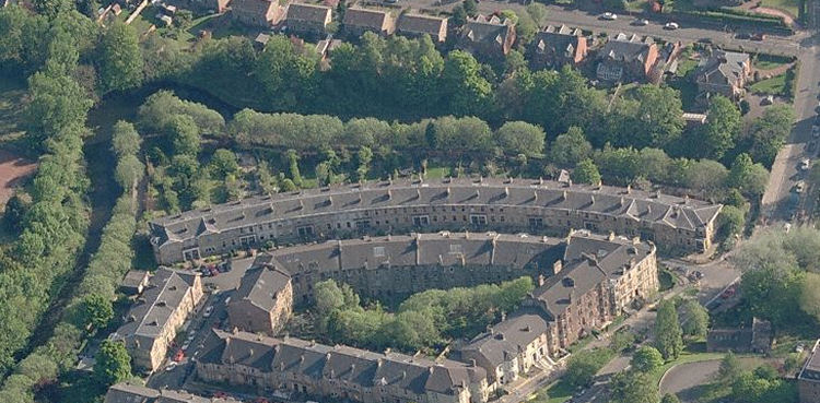 Birds eye view of Millbrae Crescent with White Cart Water meandering in the background