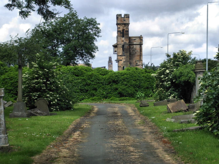 View of gatehouse to Southern Necropolis with Caledonia Road Church in the distance