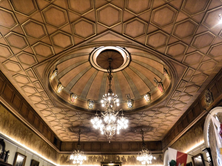 Extravagantly decorated ceiling under dome of Trades Hall, Glasgow