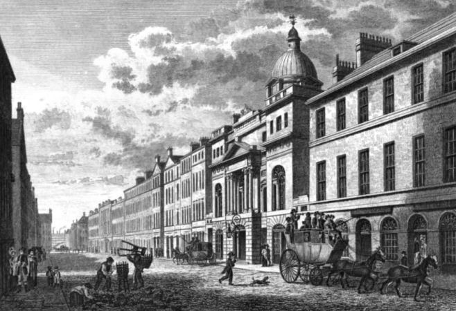 Engraving of Trades Hall and Glassford Street