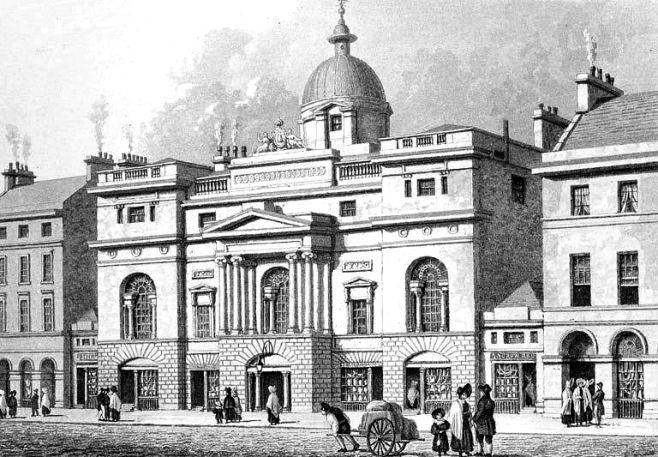 Engraving of Trades Hall before addition of side wings