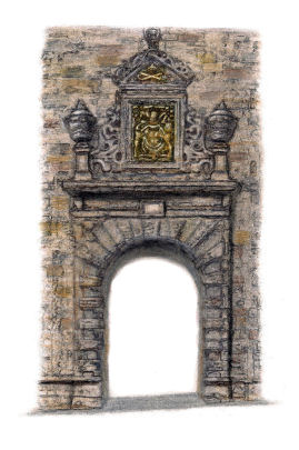 Drawing by Gerald Blaikie of old gateway of Glasgow University with arms of King Charles II