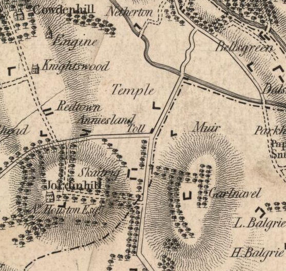 Map from 1795 showing miners' rows at Anniesland and Redtown 