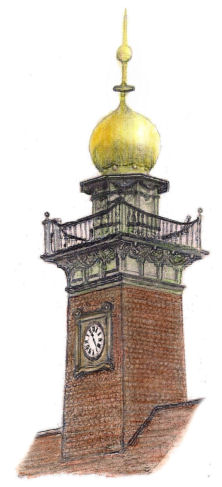 Drawing of Clock tower at Botanic Gardens Station, Glasgow, by Gerald Blaikie