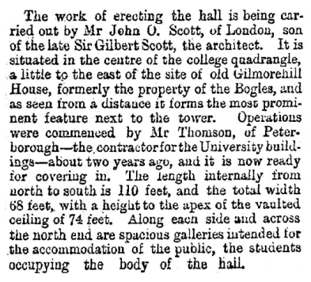 Extract from <I>Glasgow Herald</I> of 25th November 1880 regarding the progress of Bute Hall