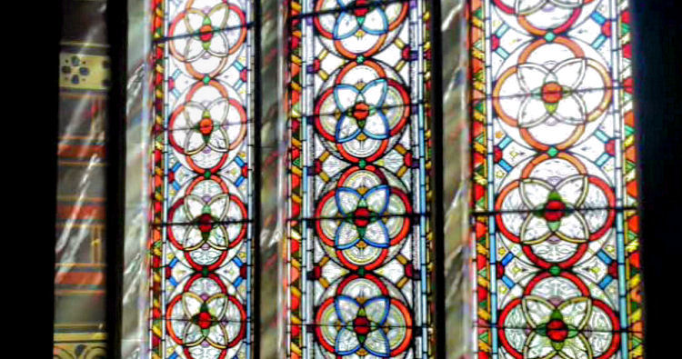 Abstract patterns on stained glass of former Dowanhill Church