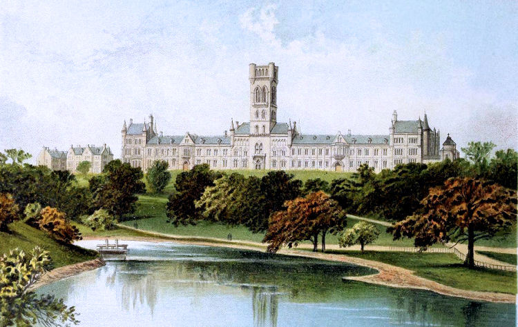 Print of West End Park showing partly constructed tower of Glasgow University