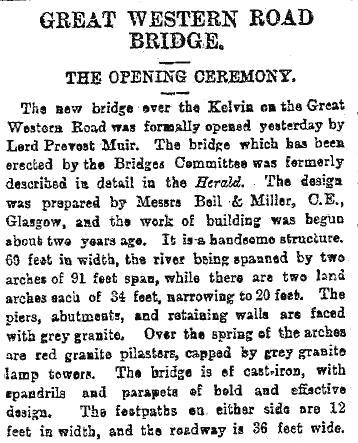 Extract from Glasgow Herald 30th September 1891 regarding replacement Great Western Bridge