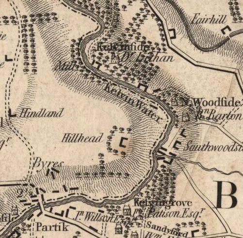 Map from 1795 showing Hillhead House on a hilltop above the River Kelvin
