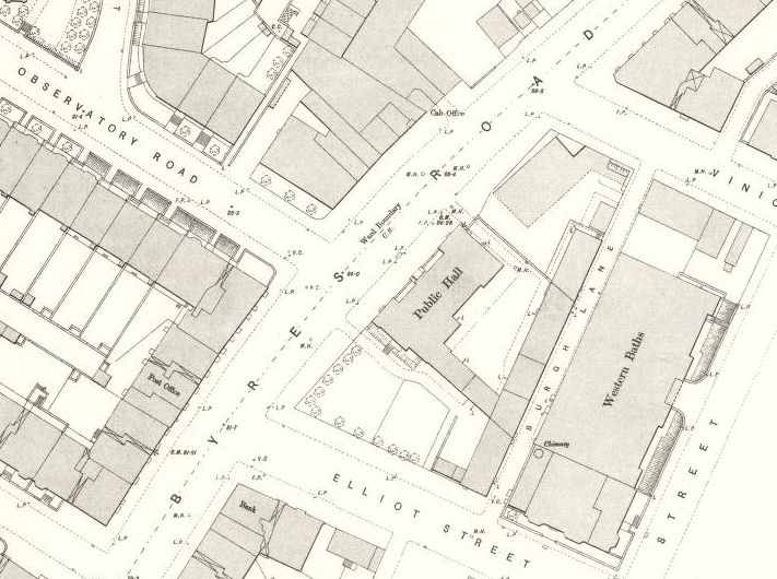 Map showing former Hillhead Burgh Hall and Western Baths