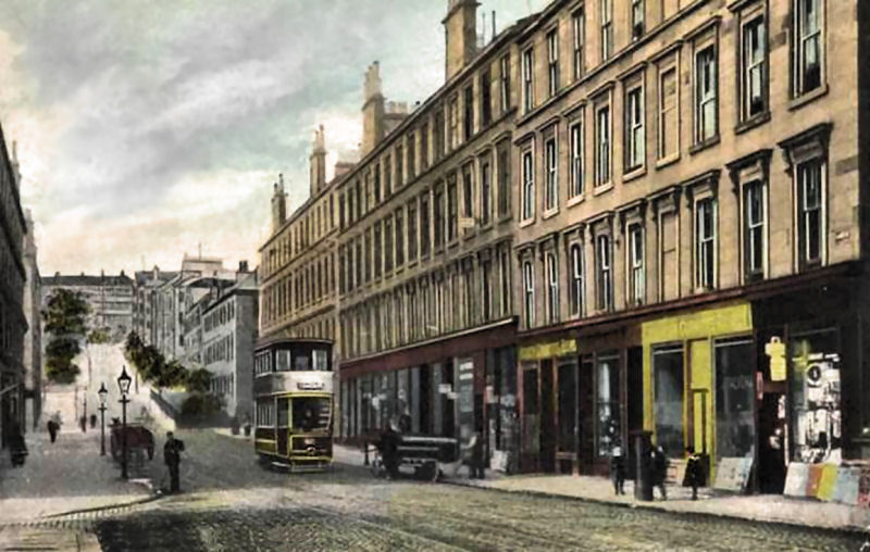 Tramcar in Gibson Street, approaching Eldon Street bridge across River Kelvin, 1906