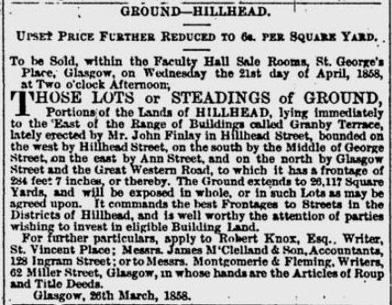 Notice from the Glasgow Herald 9th April 1858, for ground near Granby Terrace, Hillhead