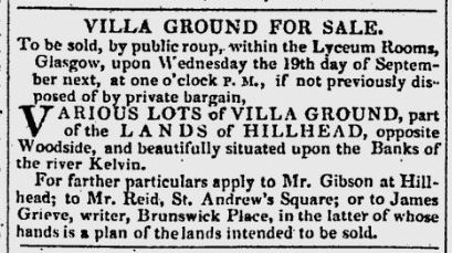 Notice for sale of land in Hillhead, Glasgow, 1827