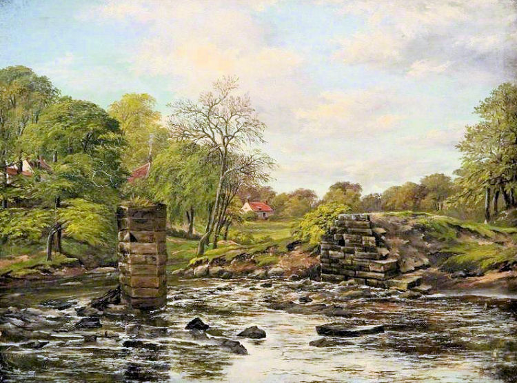 Painting of remains of an unidentified bridge over the Kelvin