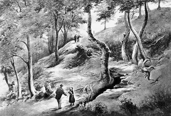 Ramblers on wooded banks of River Kelvin