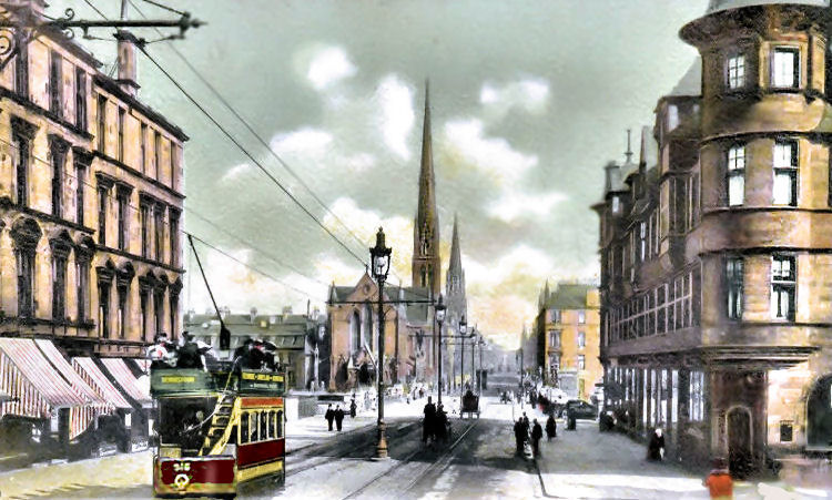 Early 20th century view of Great Western Road with church spires in background