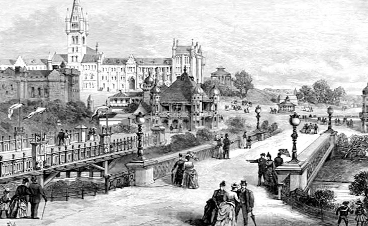Temporary wooden bridge erected alongside existing bridge at International Exhibition, Kelvingrove,  1888