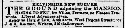 Notice for sale of land at Kelvinside House from Glasgow Herald, 20th May 1872
