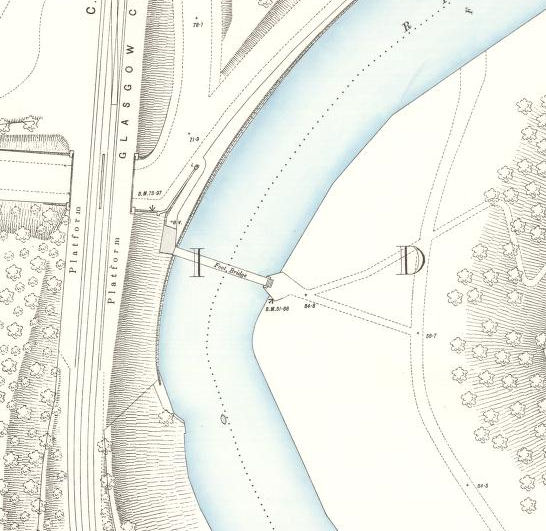 Map form 1894 showing Ha'penny Bridge leading to platforms of Kirklee Station