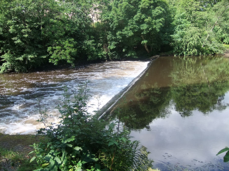 Reflections on calm water appoaching weir on River Kelvin