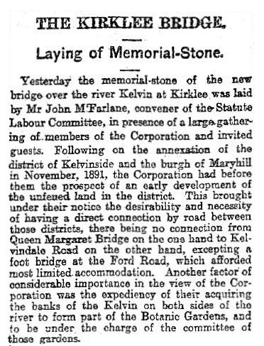 Extract from Glasgow Herald 18th January 1900 regarding the Kirklee Bridge