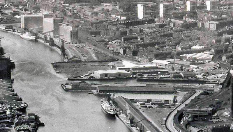 View of Meadowside Granary and surrounding riverside from the late 1960's