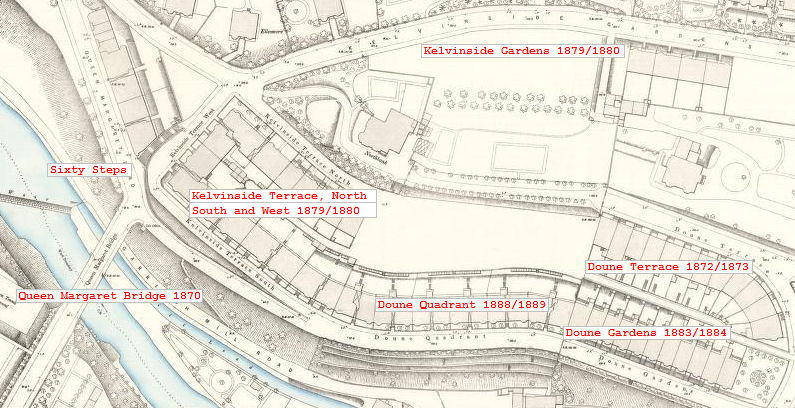 1894 map showing Queen Margaret Bridge, North Kelvinside, Glasgow
