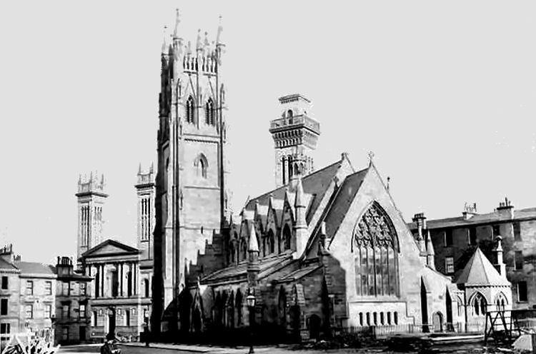 Mid-Victorian view of Park Church with towers of Trinity College in background