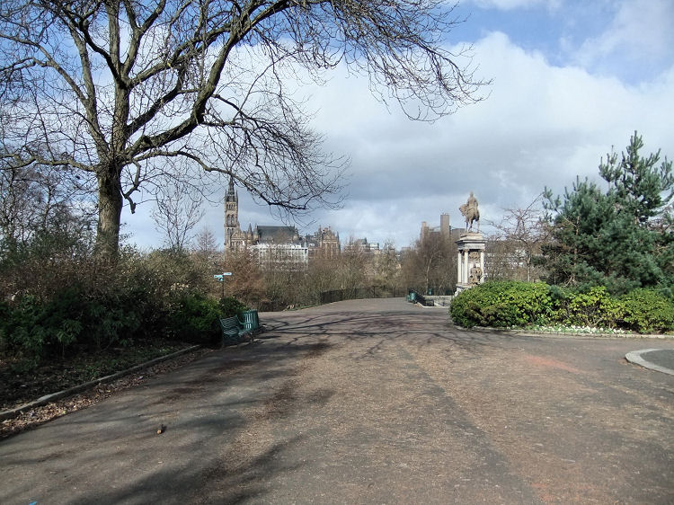 View from entrance to Kelvingrove Park looking towards Glasgow University