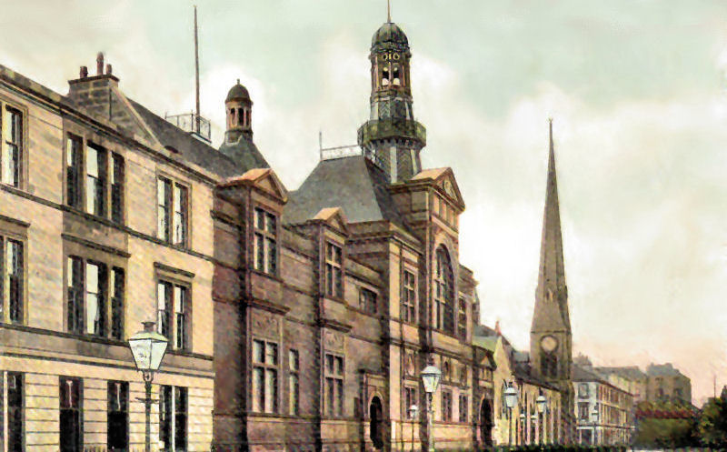 Old view of Partick Burgh Hall and adjacent St Mary's Church at the corner with Peel Street