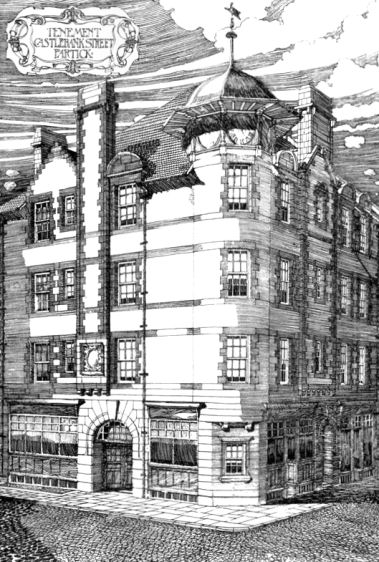 Drawing of tenement at Castlebank Street, Partick, exhibited 1896 