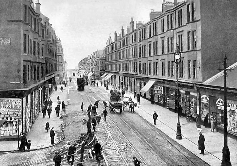 Navvies working on the tram lines at the corner of Dumbarton Road and Hayburn Street, Partick