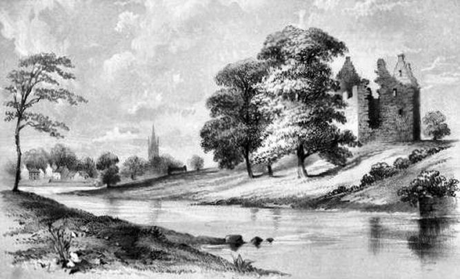 Engraving of Partick Castle from east bank of River Kelvin