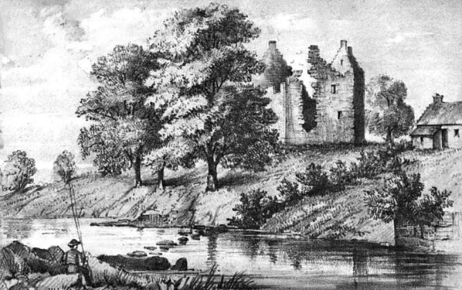 Engraving of Partick Castle from east bank of River Kelvin