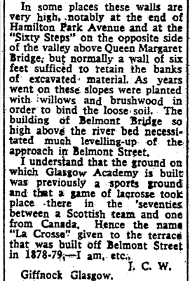 Letter from Glasgow Herald 28th February 1961 regarding retaining walls at River Kelvin