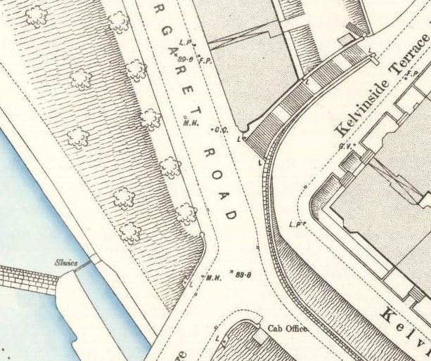 Map showing cab office at Queen Margaret Bridge and nearby stairway