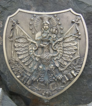 Emblem of Our Lady, Queen of Poland, outside St Simon's Church, Partick
