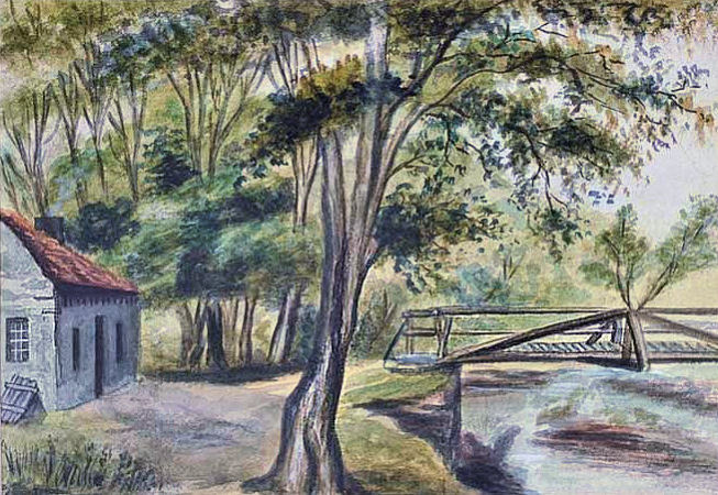 Watercolour of foot-bridge at Three Tree Well, 1848